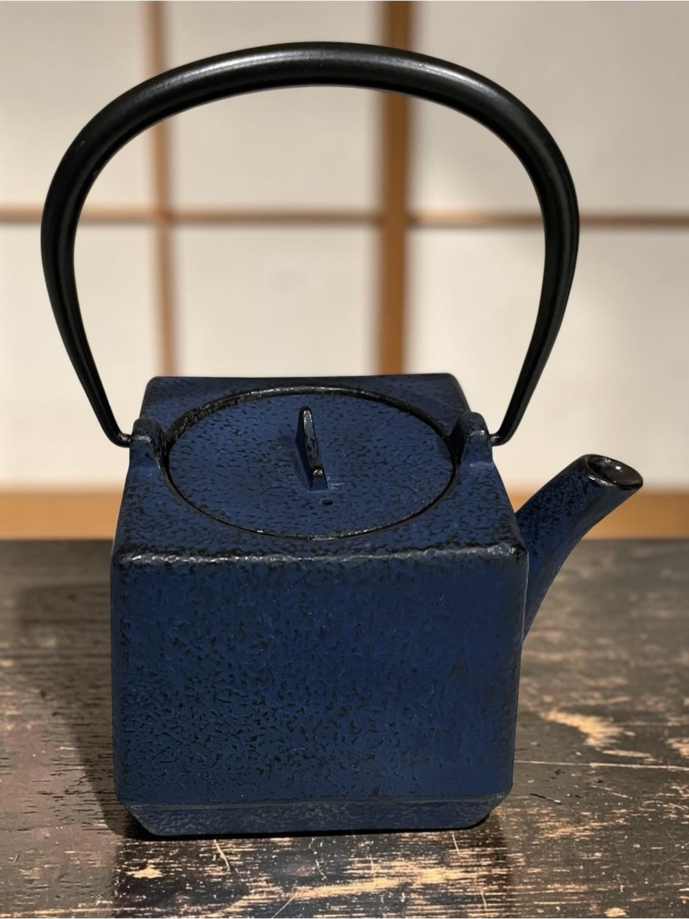 Vintage Japanese Cast Iron Tetsubin Teapot Square Blue Enameled Nanbu Style